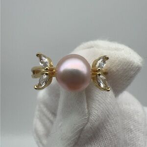 Gold Ring with Pink Freshwater Pearl and Crystal Accents